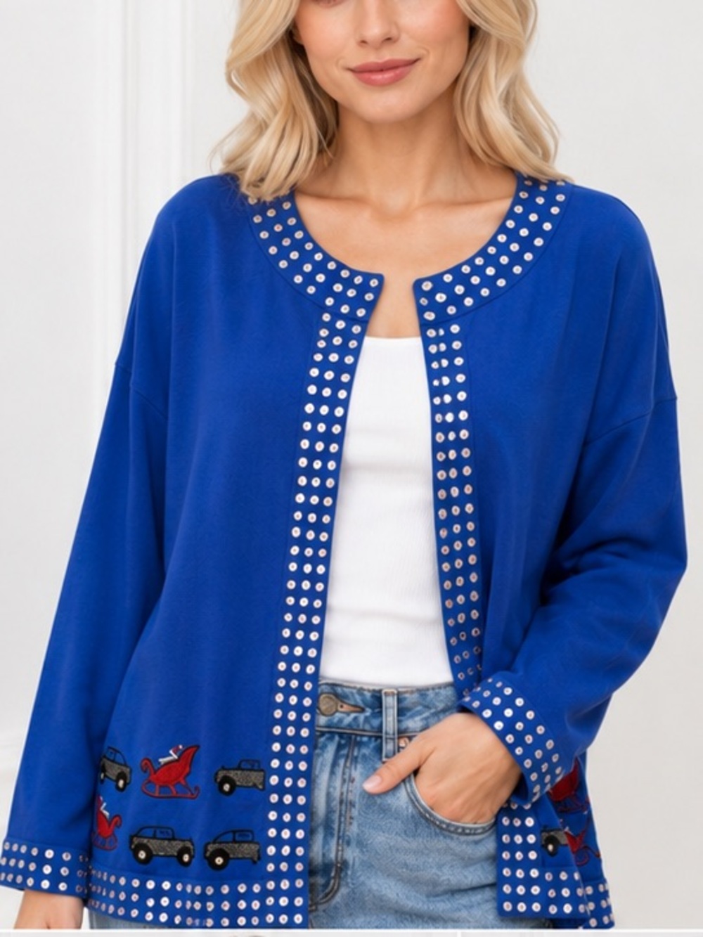 Storybook Knits New Blue Festive Holiday Cardigan with Embellishments